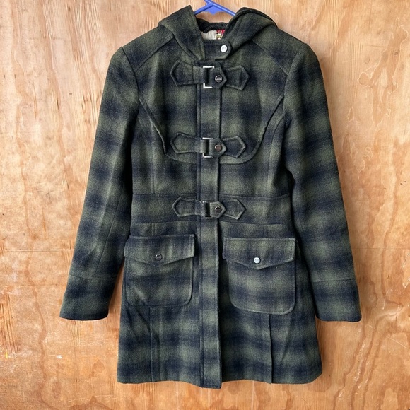 Steve Madden Green Plaid Wool Hooded Pea Coat Jacket